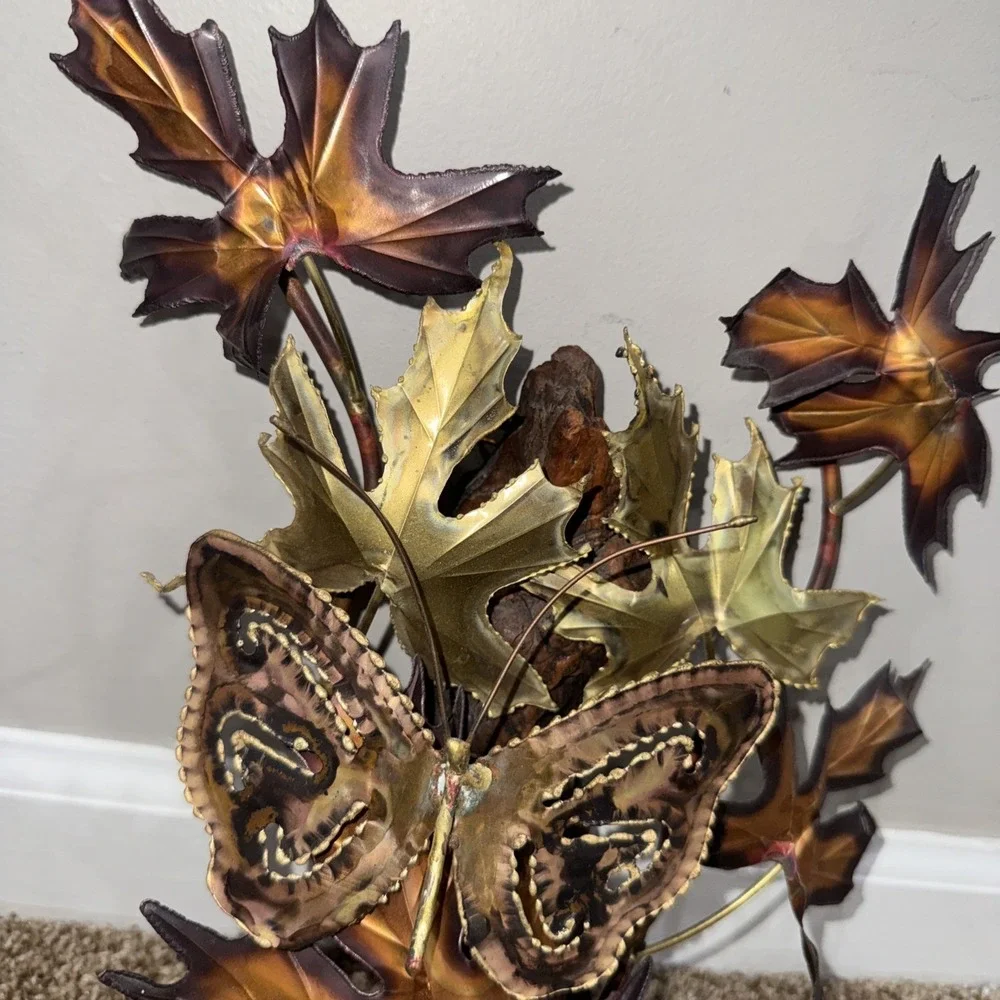 Vtg MCM Metal Wall Art Butterfly & Maple Leaves Brass Copper Brutalist Wood - Picture 2 of 6